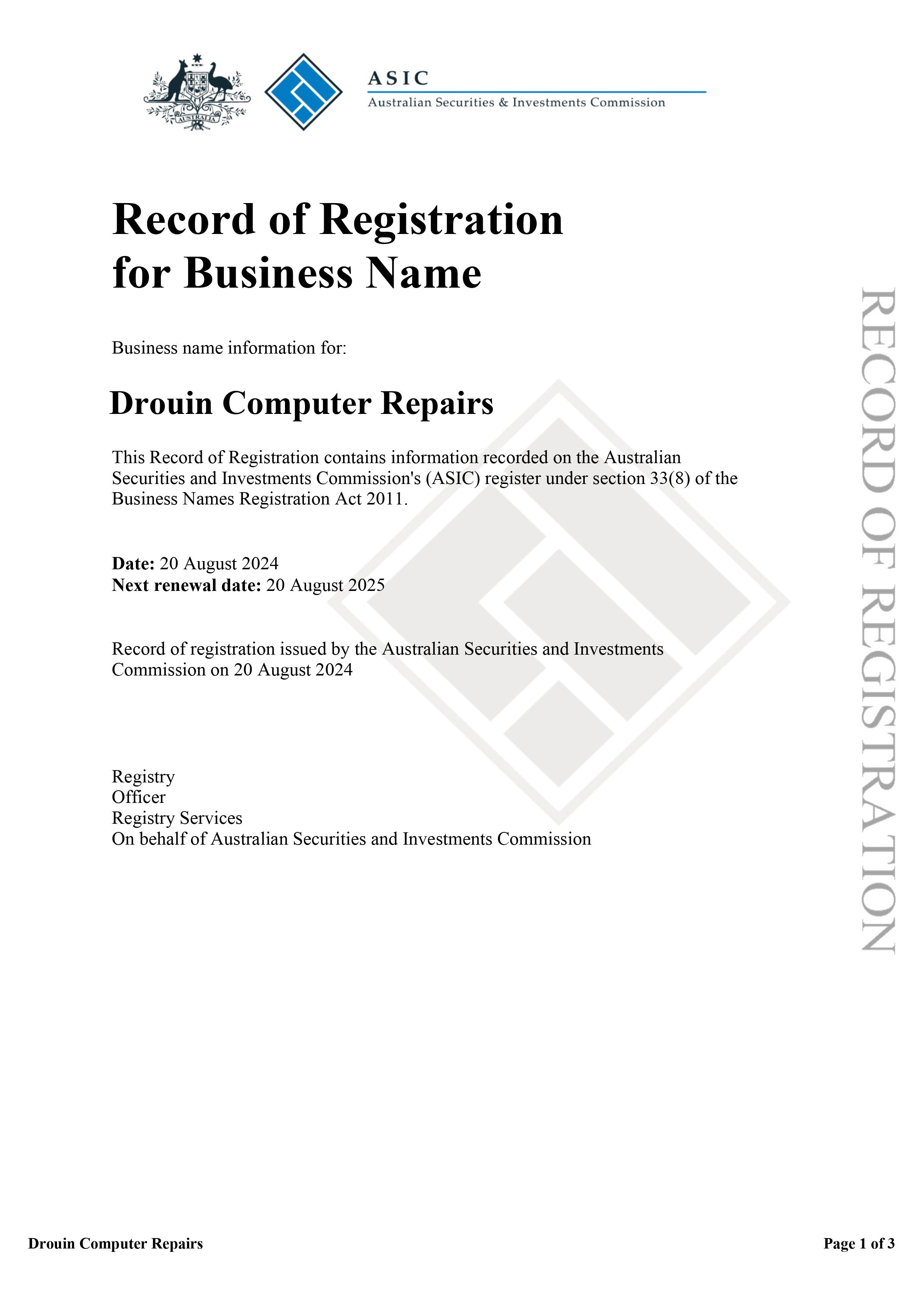 Record of Registration for Business Name